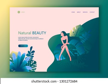 Landing Page Website Template of Beauty. Beautiful Woman. For Beauty Salon, Hair Salon, Spa, Natural Products, Cosmetics, Body Care. Modern Flat Vector Concept Design Illustration