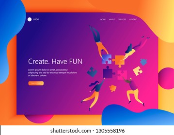 Landing Page Website Template With Creative Team Puzzle. Liquid Shapes. Creation in Internet, Distance E-learning, Creativity, Virtual Reality, Teamwork. Flat Vector Concept Design Illustration