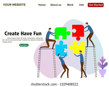 Landing Page Website Template With Creative Team Puzzle. Liquid Shapes. Creation in Internet, Distance E-learning, Creativity, Virtual Reality, Teamwork. Flat Vector Concept Design Illustration -vecto