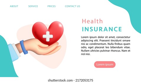 Concepto de diseño de la página de aterrizaje o de la plantilla del sitio web para seguro médico y seguro de vida.  Protección de la salud y la vida de las personas y protección médica. Ilustración de vectores de corazón de mano de mano