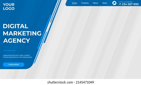 Landing page website template digital marketing agency header. Modern white and blue promotional banner or header for website. Vector illustration concept of landing web page design site.