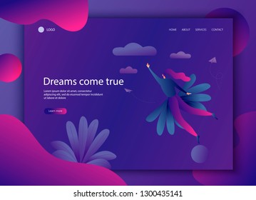 Landing Page Website Template With Dreaming Woman Flying in the Sky with Clouds. Dreams Come True. Creation in Internet, Distance E-learning, Creativity, Fantasy, Virtual Reality. Vector Illustration