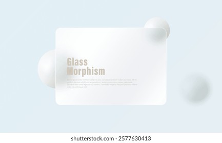 Landing page website template in glass morphism style. Partition of transparent material with floating white spheres.