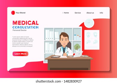 Landing Page Website Template Medical Consultation with Doctor man Vector Illustration