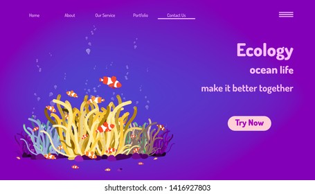 landing page website template. ocean life. make it better together. a little fish play funny with coral. purple tone background. vector illustration eps10