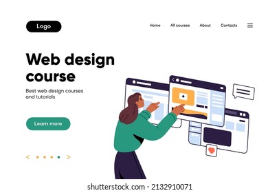 Landing page of website. Web-site template for online education platform. Interface wireframe, layout for UI, UX design courses, school. Homepage for studying. Colored flat vector illustration
