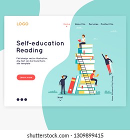 Landing page. Website Template. Reading books. Online library, e-books. Computer with books. Flat design vector illustration