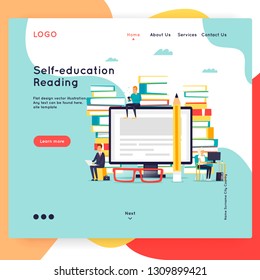 Landing page. Website Template. Reading books. Online library, e-books. Computer with books. Flat design vector illustration