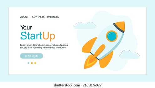 Landing page or website template with rocket, startup concept. Vector illustration