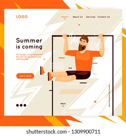 Landing page. Website Template. Sport, fitness, health, man shakes his muscles. Flat design vector illustration