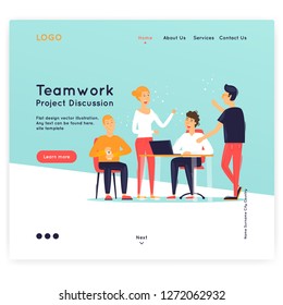 Landing page. Website Template. Teamwork. Business workflow management. Office life, business, programmer. Data analysis. Brainstorming, meeting. Flat design vector illustration