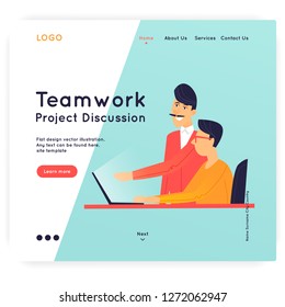 Landing page. Website Template. Teamwork. Business workflow management. Office life, business, programmer. Data analysis. Brainstorming, meeting. Flat design vector illustration