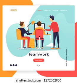 Landing page. Website Template. Teamwork. Business workflow management. Office life, business, programmer. Data analysis. Brainstorming, meeting. Flat design vector illustration