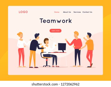 Landing page. Website Template. Teamwork. Business workflow management. Office life, business, programmer. Data analysis. Brainstorming, meeting. Flat design vector illustration