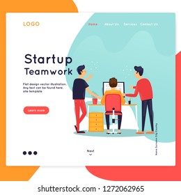 Landing page. Website Template. Teamwork. Business workflow management. Office life, business, programmer. Data analysis. Brainstorming, meeting. Flat design vector illustration