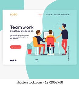 Landing page. Website Template. Teamwork. Business workflow management. Office life, business, programmer. Data analysis. Brainstorming, meeting. Flat design vector illustration