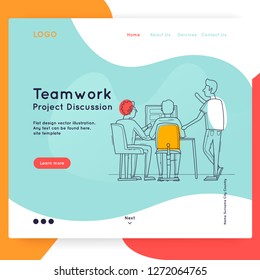 Landing page. Website Template. Teamwork, about us. Business workflow management. Office life, programmer. Data analysis. Brainstorming, meeting. Thin line. Flat design vector illustration
