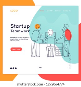 Landing page. Website Template. Teamwork, about us. Business workflow management. Office life, programmer. Data analysis. Brainstorming, meeting. Thin line. Flat design vector illustration