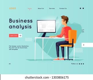 Landing page. Website Template. Teamwork. Business workflow management. Office life, business, programmer. Data analysis. Brainstorming, meeting. Flat design vector illustration