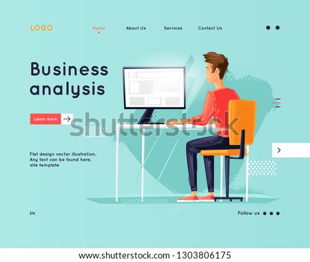 Landing page. Website Template. Teamwork. Business workflow management. Office life, business, programmer. Data analysis. Brainstorming, meeting. Flat design vector illustration