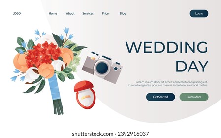 Landing page with wedding bouquet of peony, engagement ring in red velvet box, retro camera.Wedding day accessories, decorations. Celebrate marriage, save the date ceremony poster, banner, cover, card