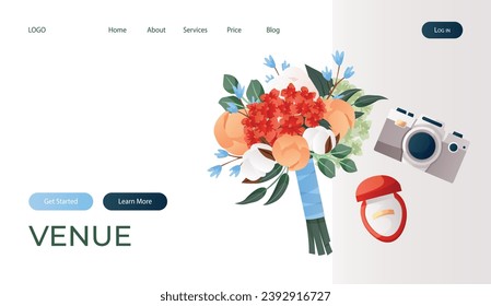 Landing page with wedding bouquet of peony, engagement ring in red velvet box, retro camera.Wedding day accessories, decorations. Celebrate marriage, save the date ceremony poster, banner, cover, card