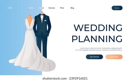 Landing page with wedding bride dress, groom suit on couple mannequins for bridal shop. Wedding day accessories, decorations. Celebrate marriage, save the date ceremony poster, banner, cover, card
