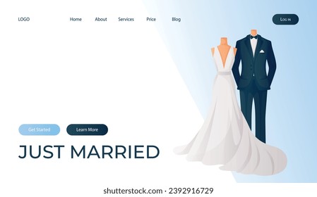 Landing page with wedding bride dress, groom suit on couple mannequins for bridal shop. Wedding day accessories, decorations. Celebrate marriage, save the date ceremony poster, banner, cover, card