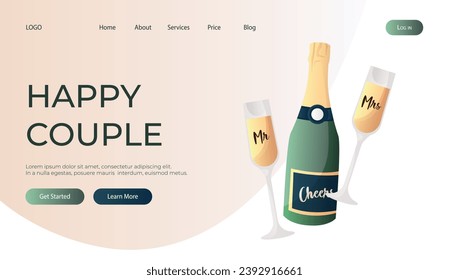 Landing page with wedding Cheers bottle of champagne, prosecco. Holiday sparkling wine, alcohol for celebration. Wedding day accessories, decorations. Celebrate marriage, save the date ceremony poster