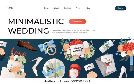 Landing page with wedding day accessories, decorations. Cake with flowers, champagne glasses, bride groom cupcakes, engagement ring, proposing card. Celebrate marriage, save the date ceremony poster