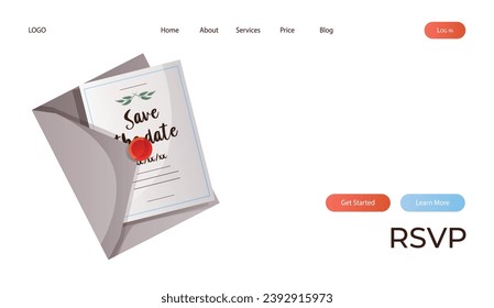Landing page with wedding greeting card, invitation in closeup envelope with wax seal. Wedding day accessories, decorations. Celebrate marriage, save the date ceremony poster, banner, cover, card