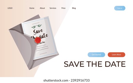 Landing page with wedding greeting card, invitation in closeup envelope with wax seal. Wedding day accessories, decorations. Celebrate marriage, save the date ceremony poster, banner, cover, card