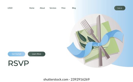 Landing page with wedding place setting with cutlery, branch, napkin, porcelain dinner plate and silk ribbon in rustic style. Wedding day accessories, decorations. Celebrate marriage, save the date 