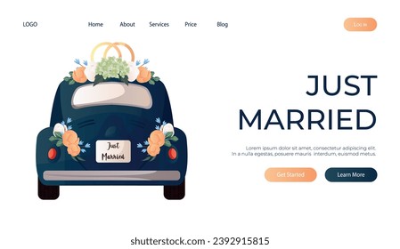 Landing page with wedding rings on retro car with flowers, sign board Just Married. Bride and groom getaway car. Wedding day accessories, decorations. Celebrate marriage, save the date ceremony poster