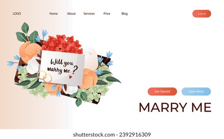 Landing page with "Will You Marry Me" proposing card in flower box with engagement rings. Wedding day accessories, decorations. Celebrate marriage, save the date ceremony poster, banner, cover, card