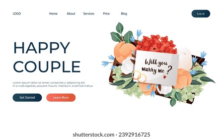 Landing page with "Will You Marry Me" proposing card in flower box with engagement rings. Wedding day accessories, decorations. Celebrate marriage, save the date ceremony poster, banner, cover, card