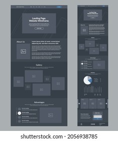 Landing page wireframe dark mode design for business. One page website layout template. Modern responsive UX UI website.