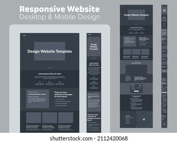 Landing page wireframe dark theme design for business. Desktop and mobile one page website layout template. Modern responsive design. UX UI website.