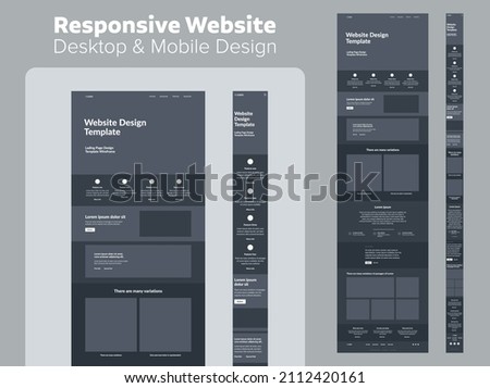 Landing page wireframe dark theme design for business. Desktop and mobile one page website layout template. Modern responsive design. UX UI website.