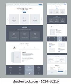 Landing page wireframe design for business. One page website layout template. Modern responsive design. Ux ui website: features, how it works, special benefits, testimonials, contact form.