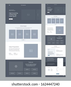 Landing page wireframe design for business. One page website layout template. Modern responsive design. Ux ui website: advantages, features, value propositions, information, blog, introduction.