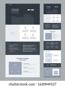 Landing page wireframe design for business. One page website layout template. Modern responsive design. Ux ui website: features, statistics, articles, blog, testimonials, enter form.