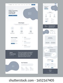 Landing Page Wireframe Design For Business. One Page Website Layout Template. Modern Responsive Design. Ux Ui Website: Advantages, Propositions, Features, Specifications, Product Definition, Contacts.