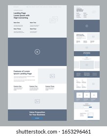 Landing page wireframe design for business. One page website layout template. Modern responsive design. Ux ui website: features, video, gallery, testimonials, call to action, subscribe, contact us.