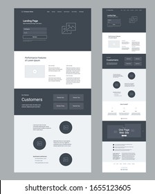 Landing page wireframe design for business. One page site layout template. Modern responsive design. UX UI website: features, partners, video, articles, specification, how it works, gallery.
