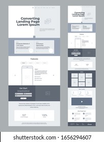 Landing page wireframe design for business. One page website layout template. Modern responsive design. Ux ui website: features, form, statistics, gallery, how it works, testimonials.