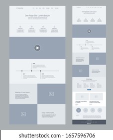 Landing Page Wireframe Design For Business. One Page Website Layout Template. Modern Responsive Design. UX UI Website: Features, Video, Timeline, Advantages, Articles, Testimonials, Pricing.