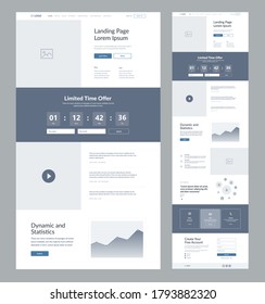 Landing page wireframe design for business. One page site layout template. Modern responsive design. UX UI website: home, offer, video, dynamic and statistics, advantages, testimonials, contacts.