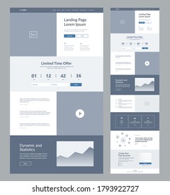 Landing Page Wireframe Design für Business. Eine Seitenlayoutvorlage. Modernes, reaktionsfähiges Design. UX UI-Website: Zuhause, Angebot, Video, Dynamik und Statistik, Vorteile, Referenzen, Kontakte.