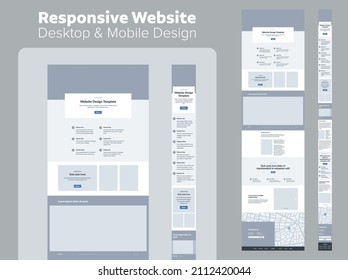 Landing page wireframe design for business. Desktop and mobile one page site layout template. Modern responsive design. UX UI website.